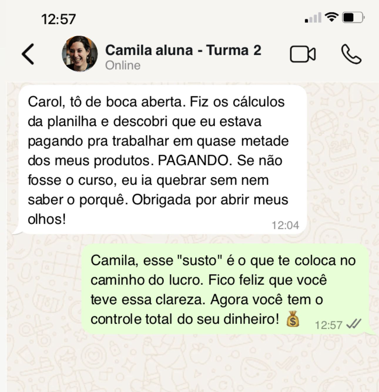 Print de depoimento de aluna no WhatsApp 3